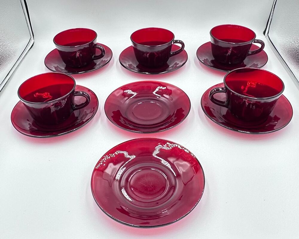 1930's Royal Ruby by ANCHOR HOCKING Cup & Saucer 12pc Set